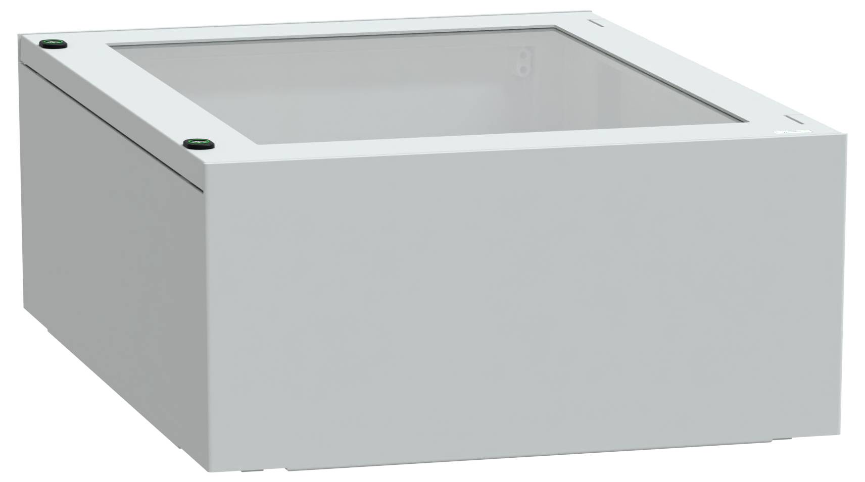 Eine graue Metallbox mit transparentem Deckel und kleinen schwarzen Tasten in den linken Ecken, höchstwahrscheinlich ein elektronisches Gerätegehäuse.