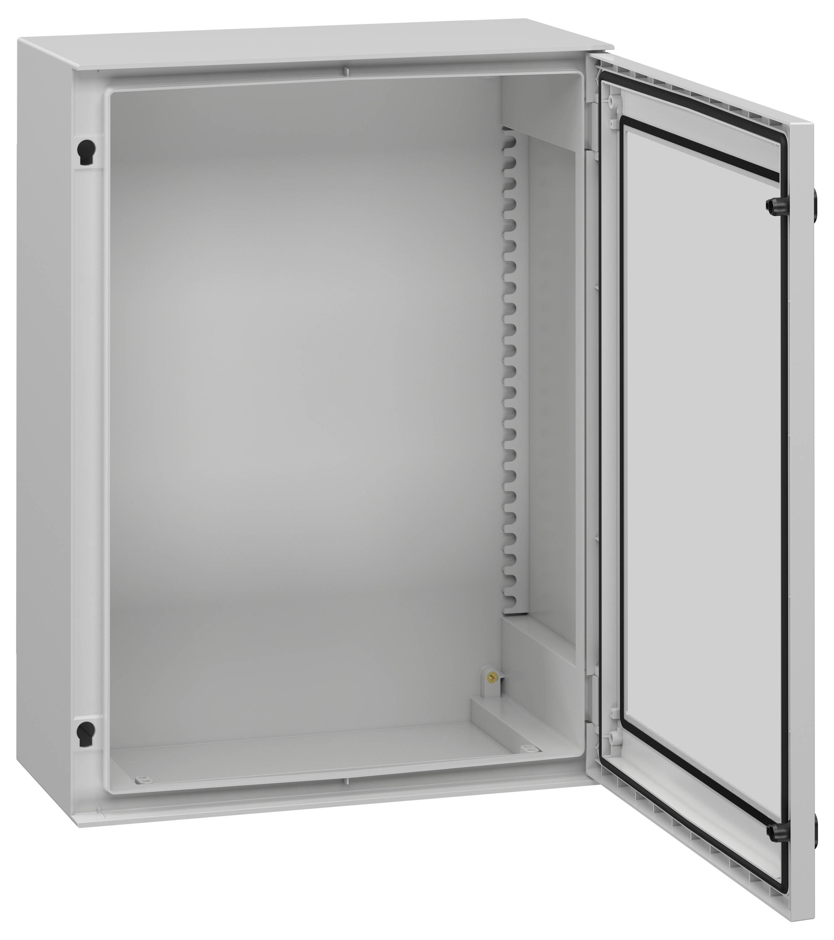 Ein offener, leerer Metallschaltschrank mit einer Tür mit Scharnier; Seitenansicht, die den Innenraum und die Türdichtungen zeigt.