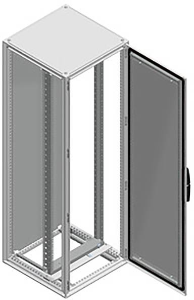Ein offener, leerer Server-Rack-Schrank mit einer Glastür, die zur Seite hin geöffnet ist. Der Schrank ist hoch und rechteckig.