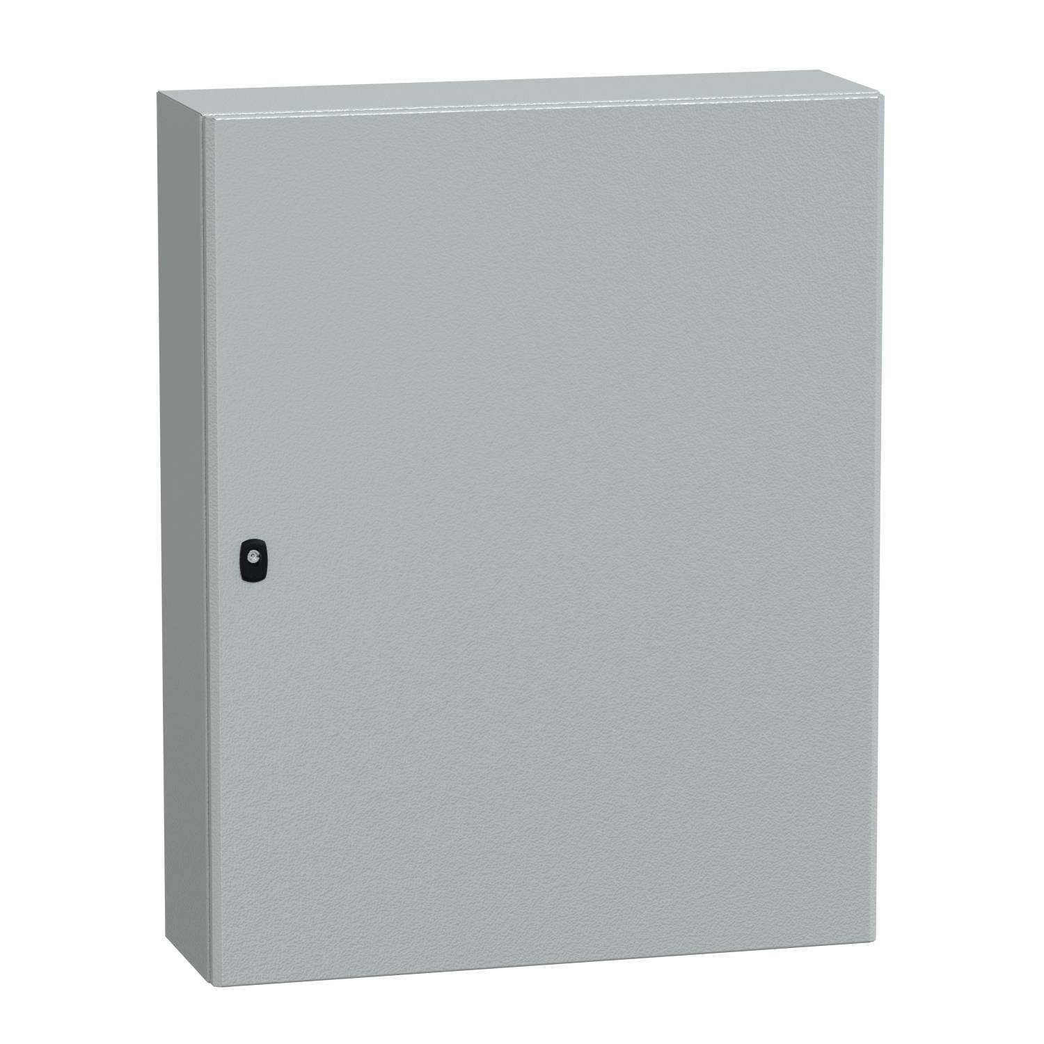 Ein grauer Metallschrank mit einer verschlossenen Tür und sichtbarem Griff.