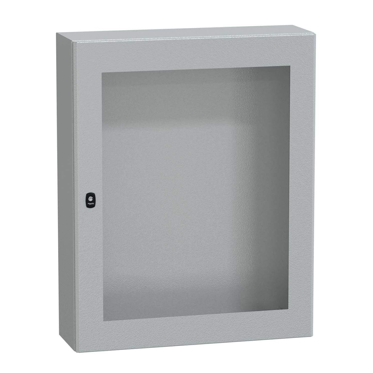 Ein leerer, metallener Schlüsselkasten mit durchsichtigem Glasdeckel und einem kleinen Verschluss an der linken Seite.