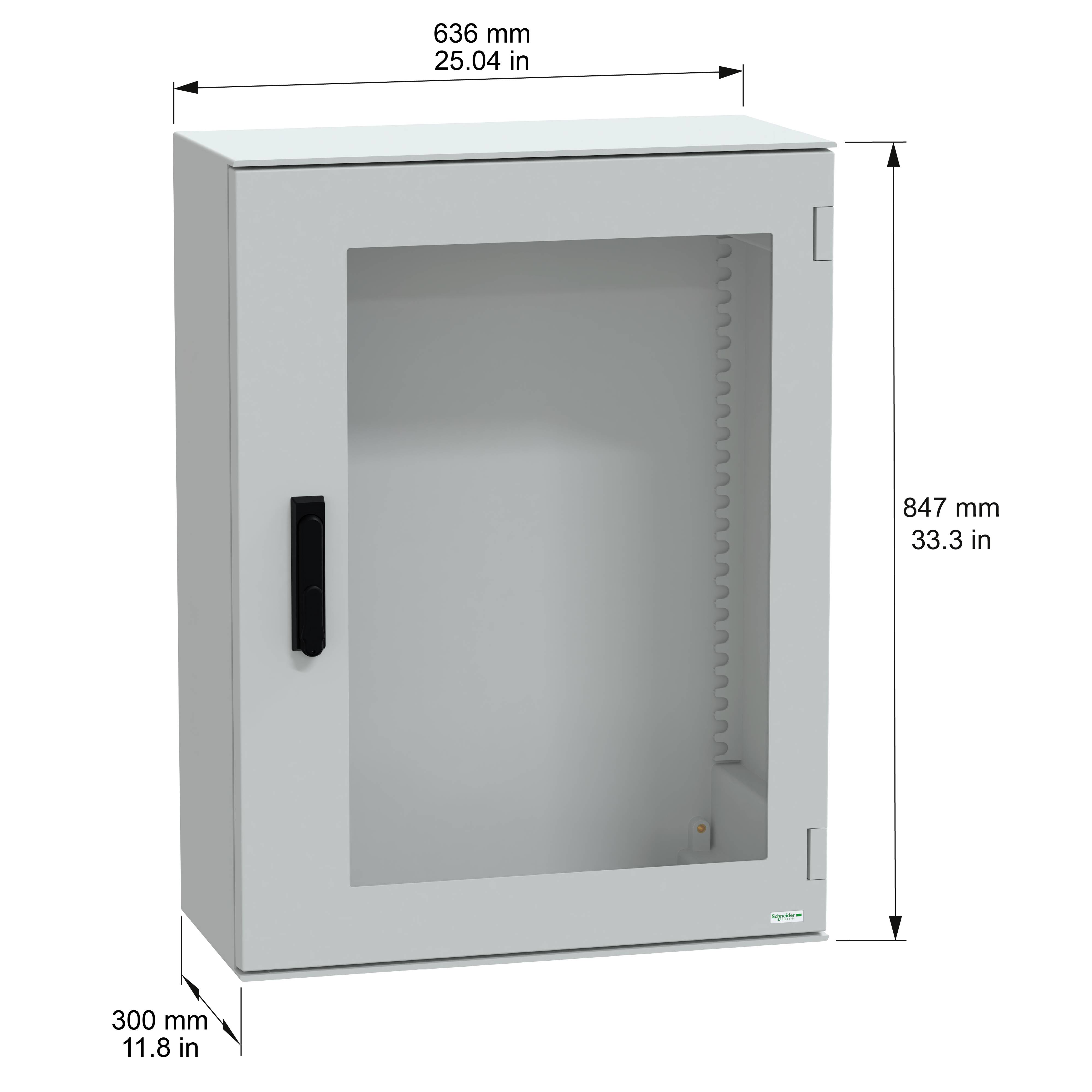 Ein grauer wandmontierter rechteckiger Schrank mit einer transparenten Fronttür. Abmessungen: 636 mm breit, 847 mm hoch und 300 mm tief.