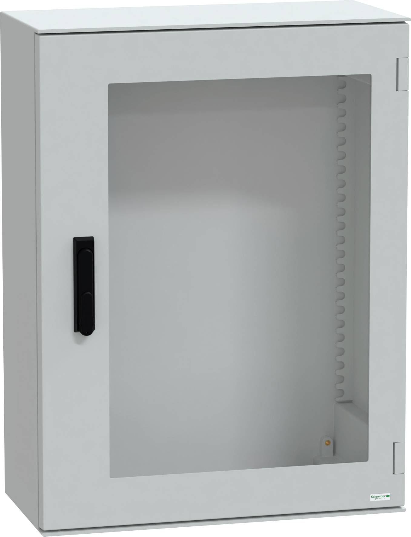 Graue Metallelektroverteilerschrank mit transparenter Vordertür und schwarzem Griff. Geeignet für die Unterbringung von elektrischen Komponenten.