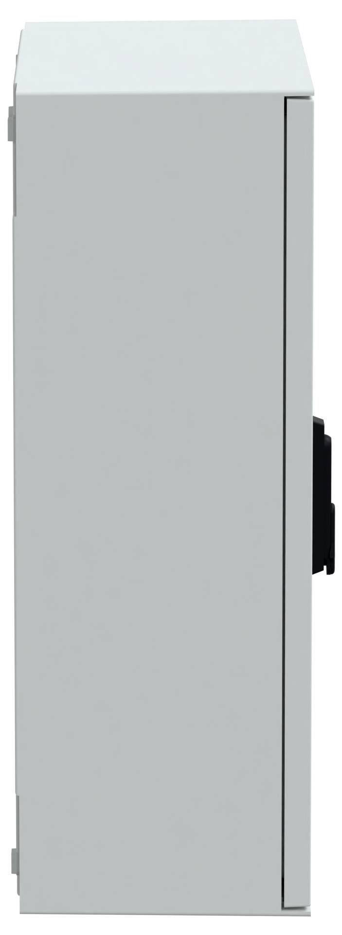 Seitenansicht eines grauen, rechteckigen industriellen Elektrogehäuses mit einem schwarzen Griff auf der rechten Seite.