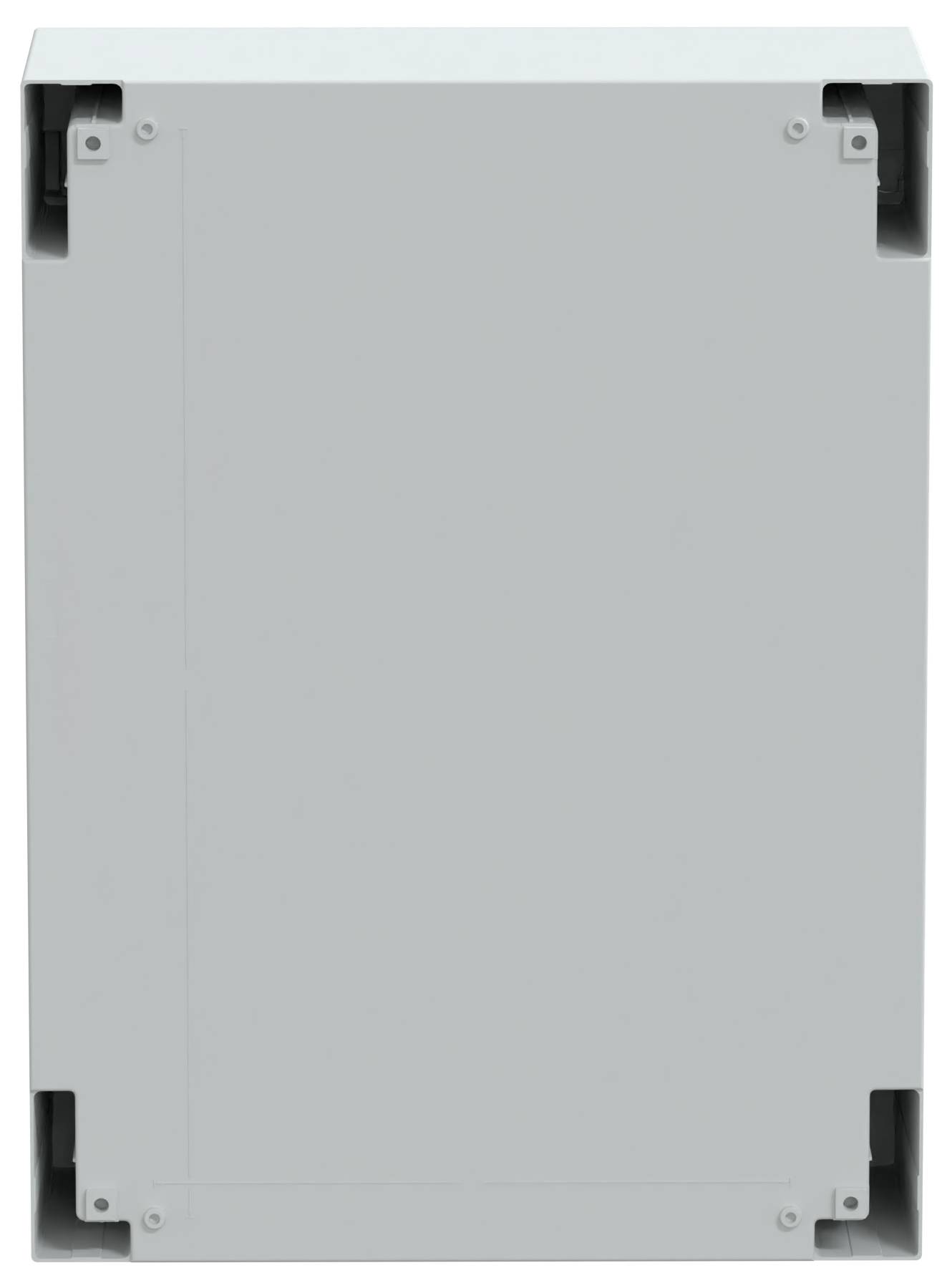 Eine schlichte, rechteckige Metallsteckdose, von vorne gezeigt, die für die Aufnahme interner elektrischer Komponenten konzipiert ist.