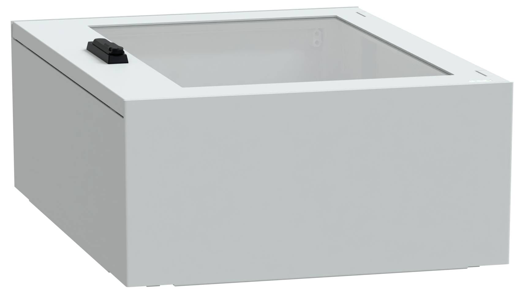 Eine weiße, undurchsichtige Box mit einem klappbaren transparenten Deckel und einem schwarzen Verschluss oben. Die Box ist in einem Winkel positioniert, was Tiefe und Dimension zeigt.