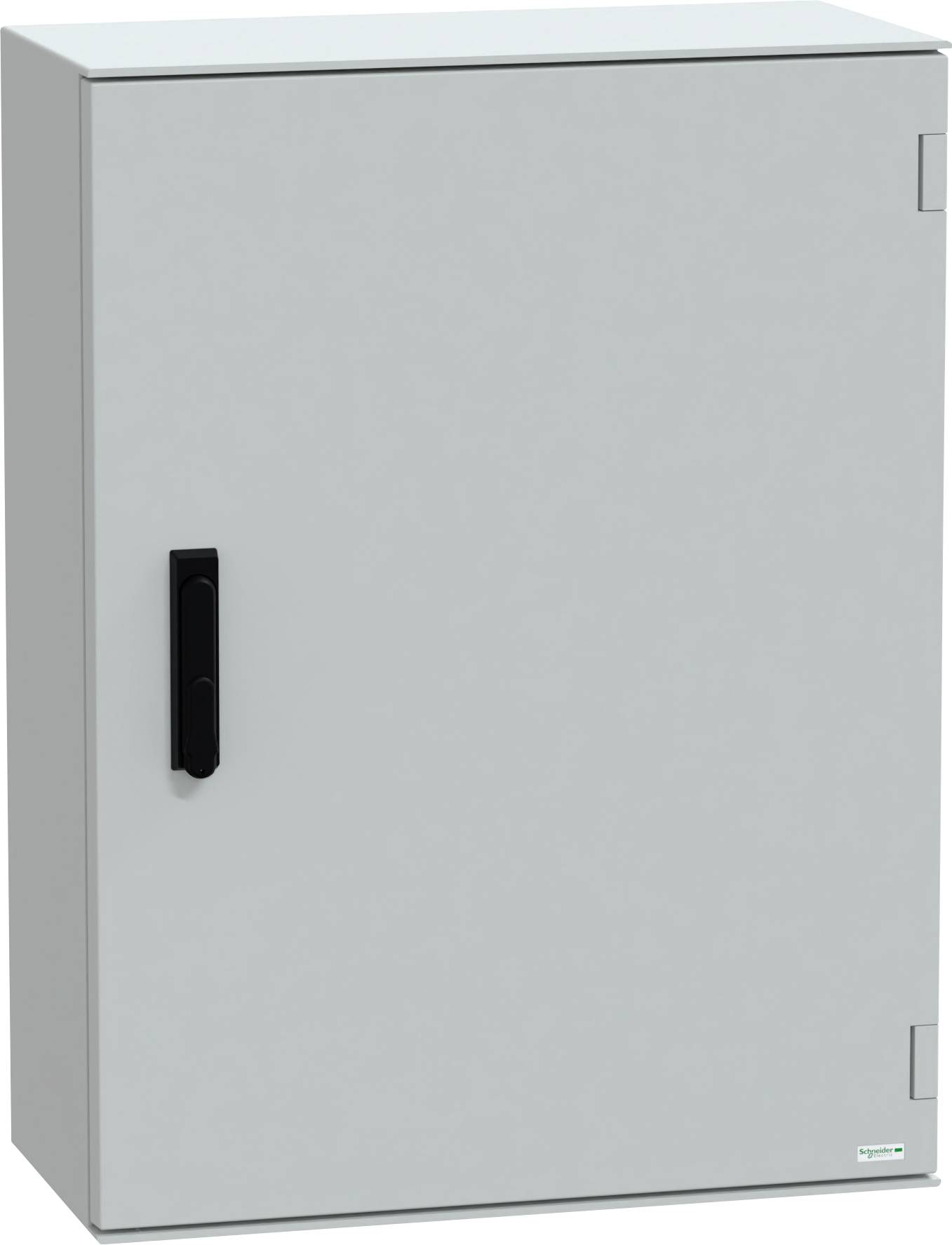 Ein grauer Elektroverteilerschrank mit einem schwarzen Griff, geschlossen, vertikal montiert.