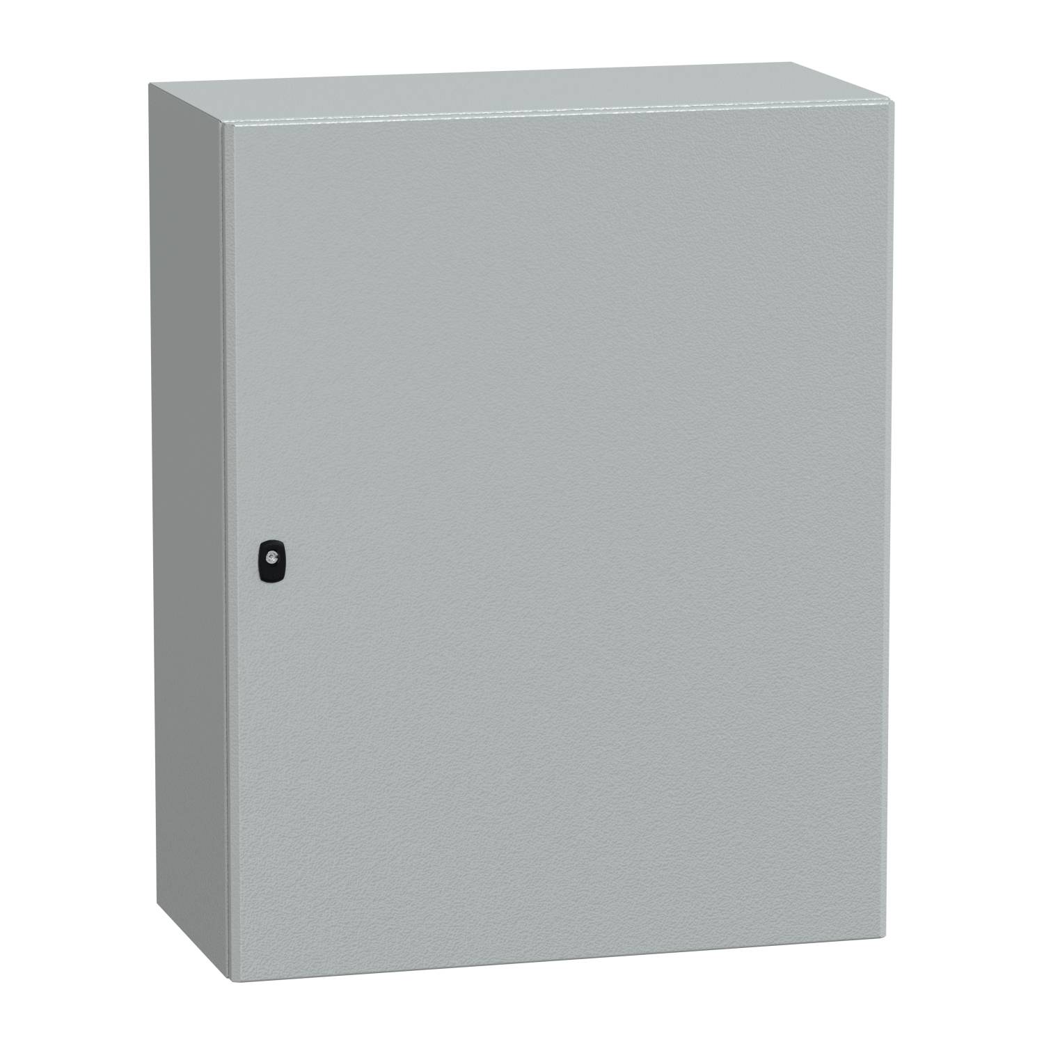 Ein grauer, rechteckiger Metallschrank mit einer Tür, die mit einem schwarzen Griff verschlossen ist.