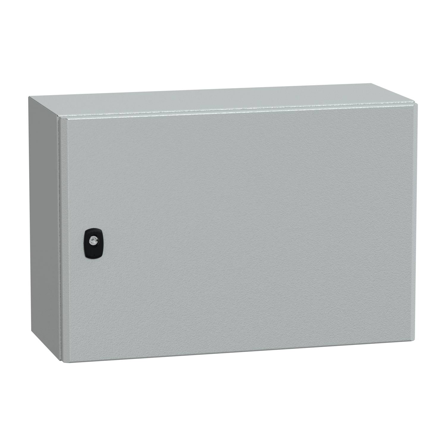 Ein grauer Metallschrank mit schwarzem Schließmechanismus an der linken Seite.