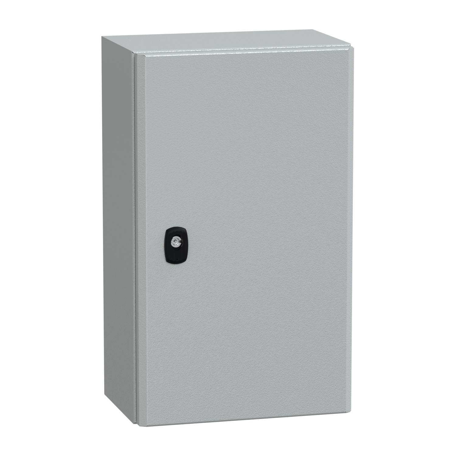Ein grauer Metallschrank mit einer Tür und einem schwarzen Verschluss. Der Schrank ist einfach und funktional gestaltet.