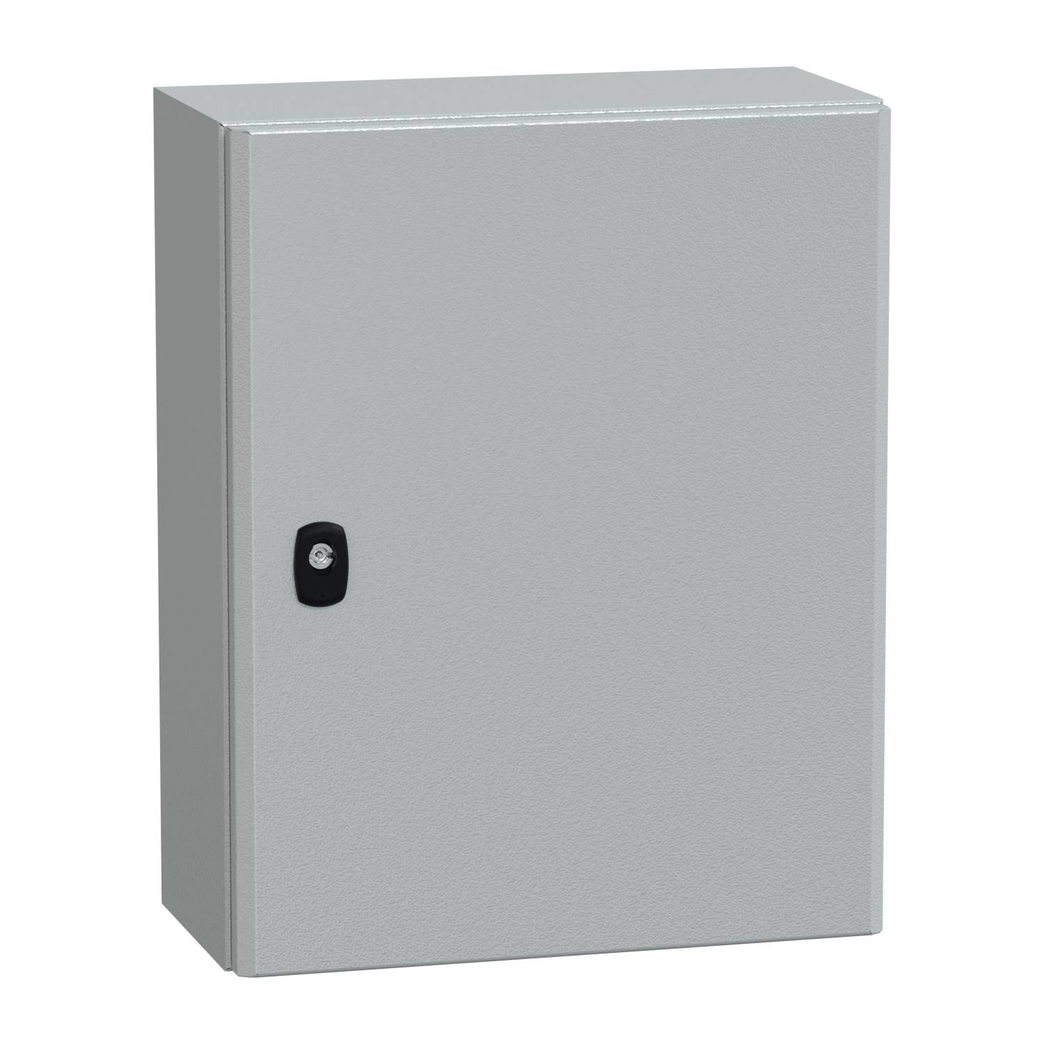 Ein grauer Metall-Schaltschrank mit schwarzem Griff an der Vorderseite, geeignet für elektrische und elektronische Geräte.