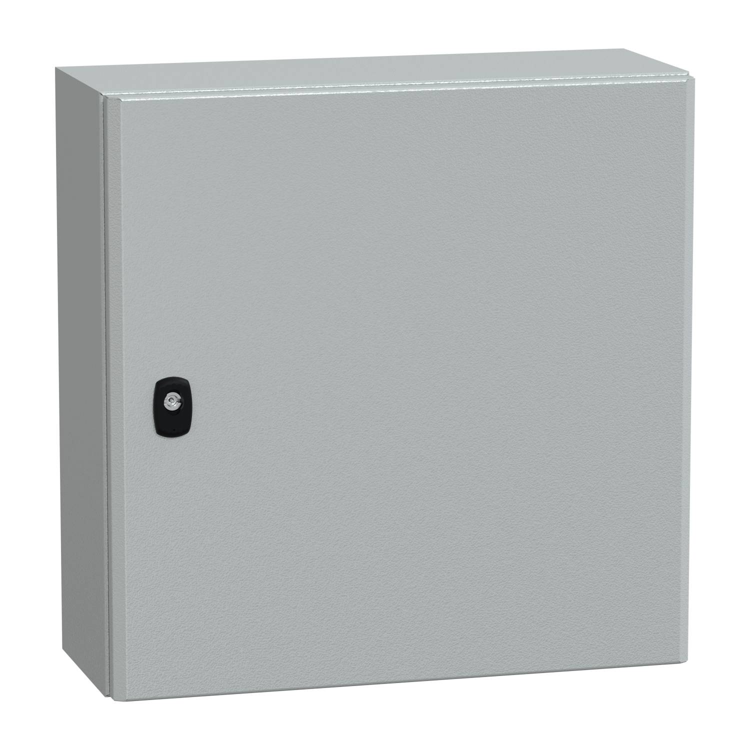 Metallener Gehäuseschrank mit schwarzem Schloss auf der rechten Seite.
