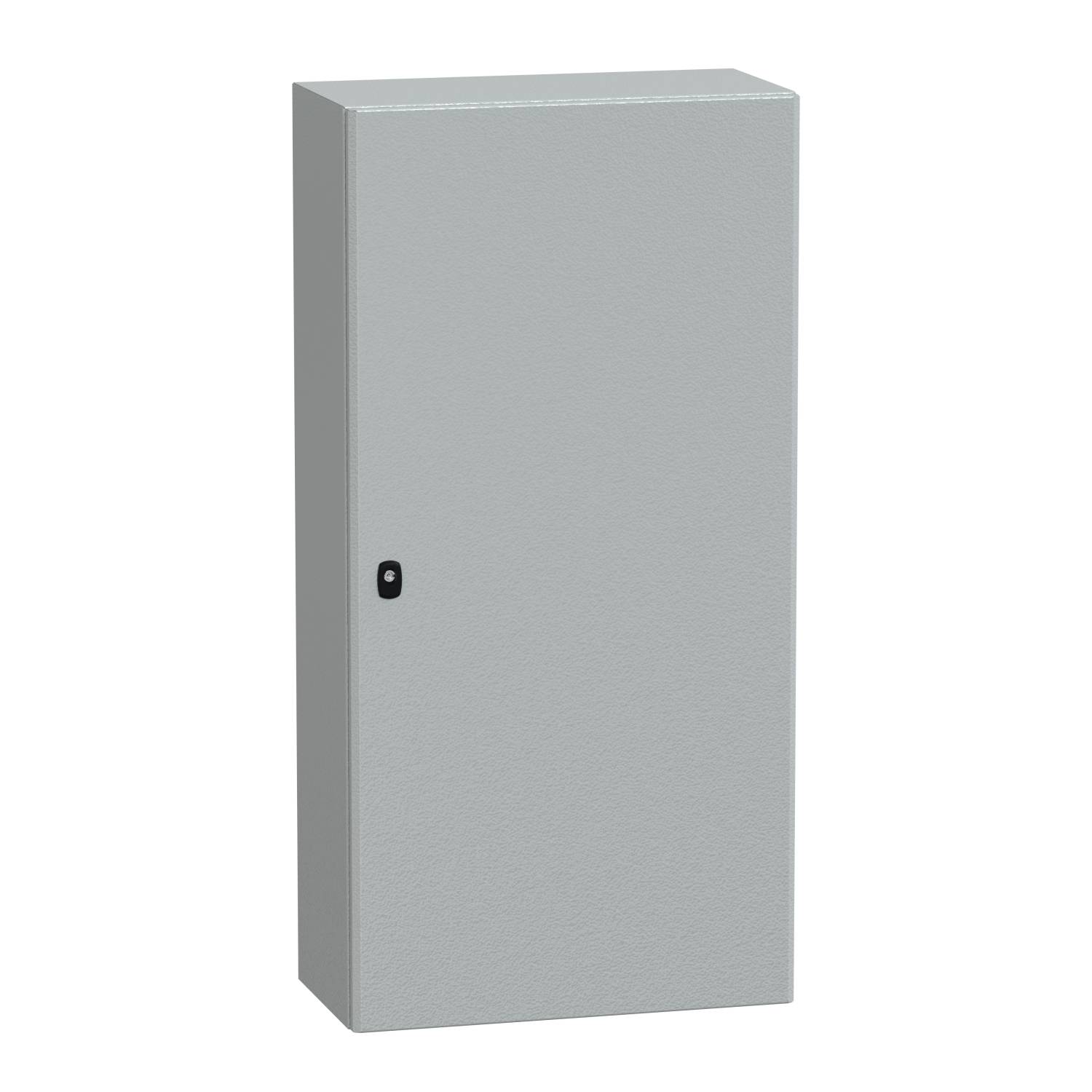 Ein grauer, rechteckiger Metallschrank mit einer Tür und einem schwarzen Griff. Der Schrank ist einfach gestaltet und geschlossen.