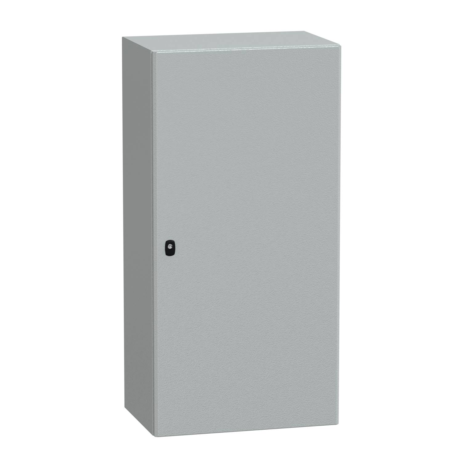 Ein grauer, rechteckiger Metallschrank mit einer Tür, die durch einen kleinen Griff geschlossen wird.