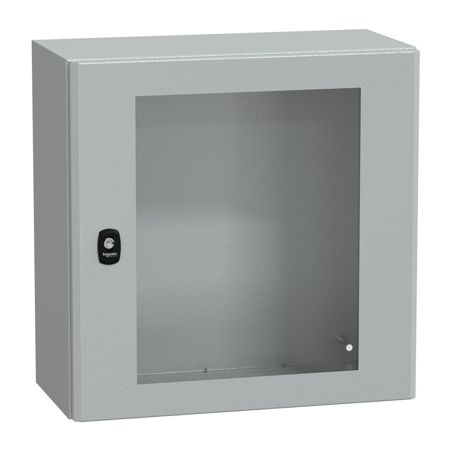 Metallschrank mit Glastür und einem Schloss auf der linken Seite. Ideal zur sicheren Aufbewahrung von Gegenständen oder Dokumenten.