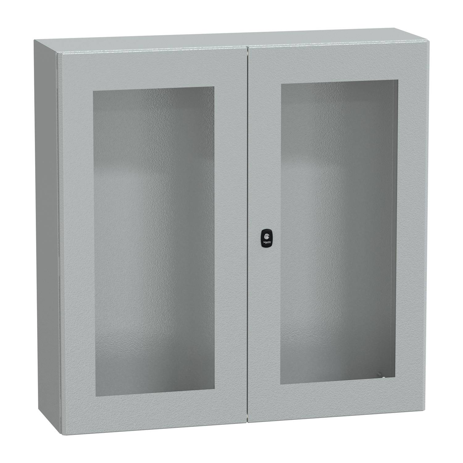 Metallschrank mit zwei Glastüren und Schloss, geeignet zur Aufbewahrung oder Präsentation von Gegenständen.