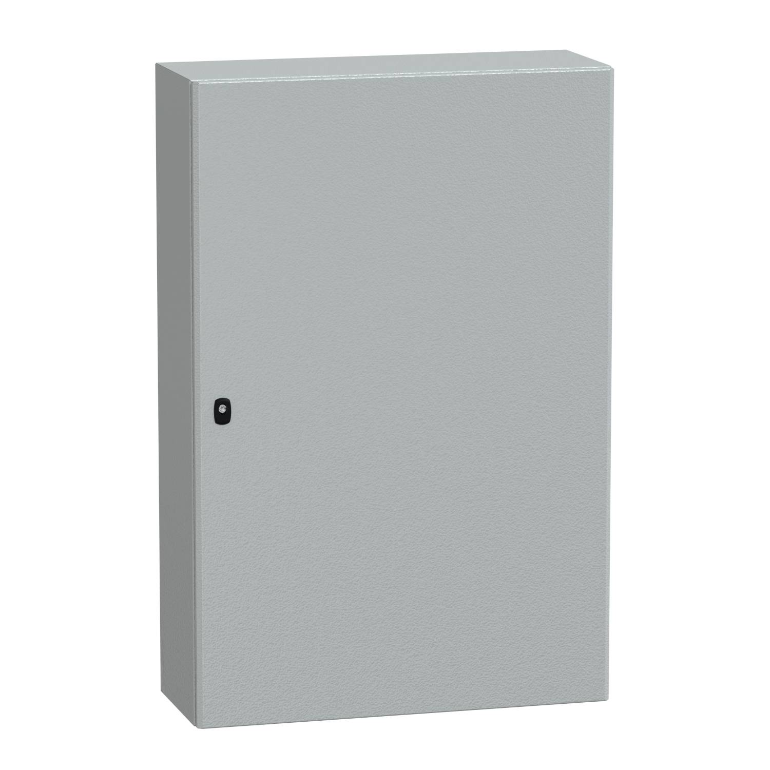 Ein rechteckiger, grauer Metallschrank, der an der Wand montiert werden kann. Er besitzt eine Tür mit einem kleinen schwarzen Griff.