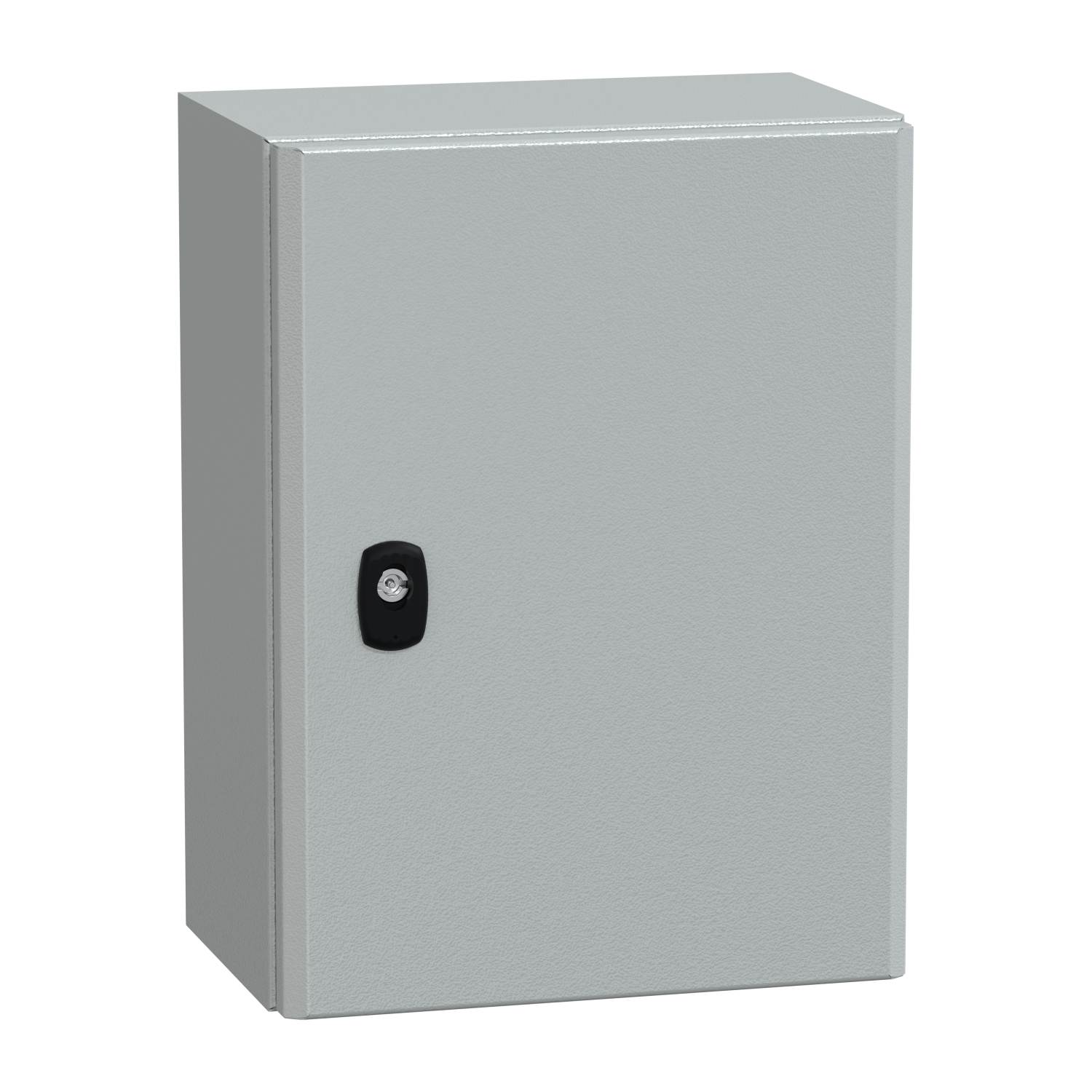 Grauer Schrank mit schwarzem Griff an der Vorderseite. Der Schrank hat ein schlichtes, rechteckiges Design.