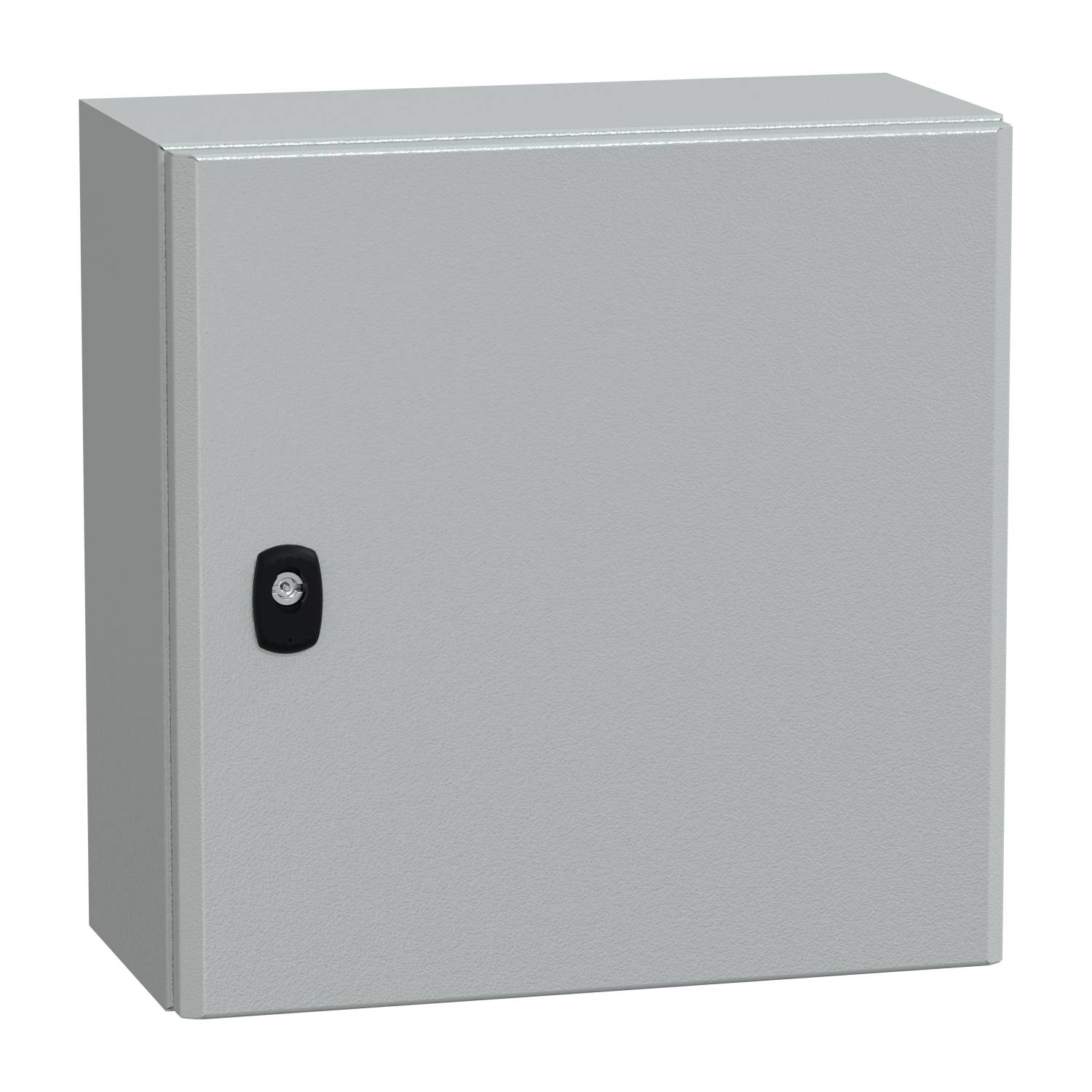 Ein grauer Metallschrank mit einer schwarzen Verriegelungstür, an der Wand montierbar.