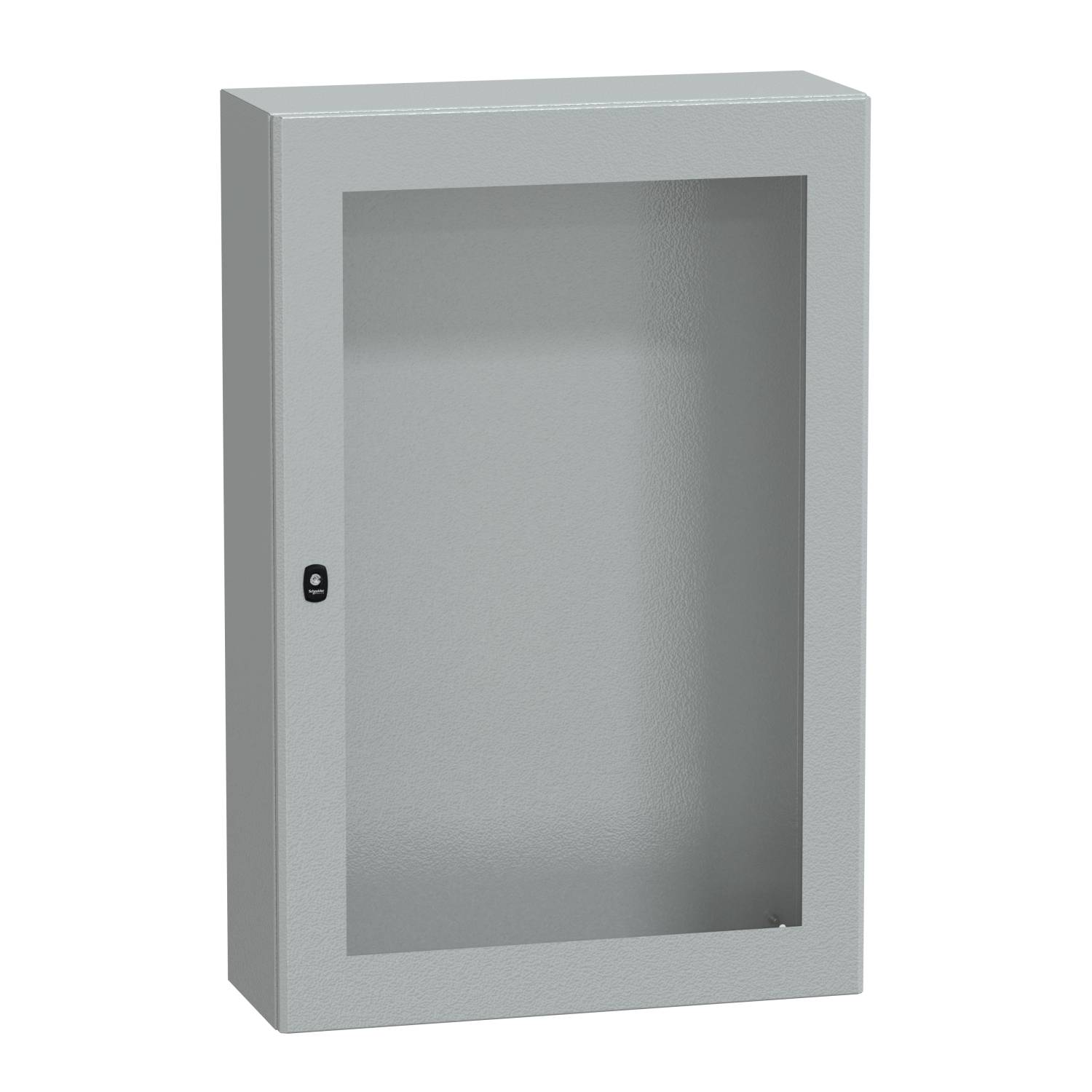 Ein leerer, rechteckiger, grauer Wandschrank mit Glastür und einem kleinen Schloss an der linken Seite.