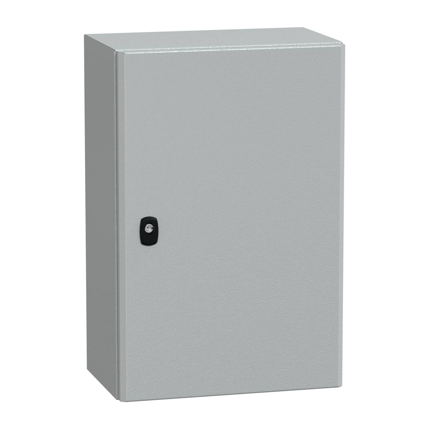Ein grauer Metallschrank mit einer Tür und einem Seitengriff, geeignet zur Aufbewahrung von Elektrogeräten oder Werkzeugen.
