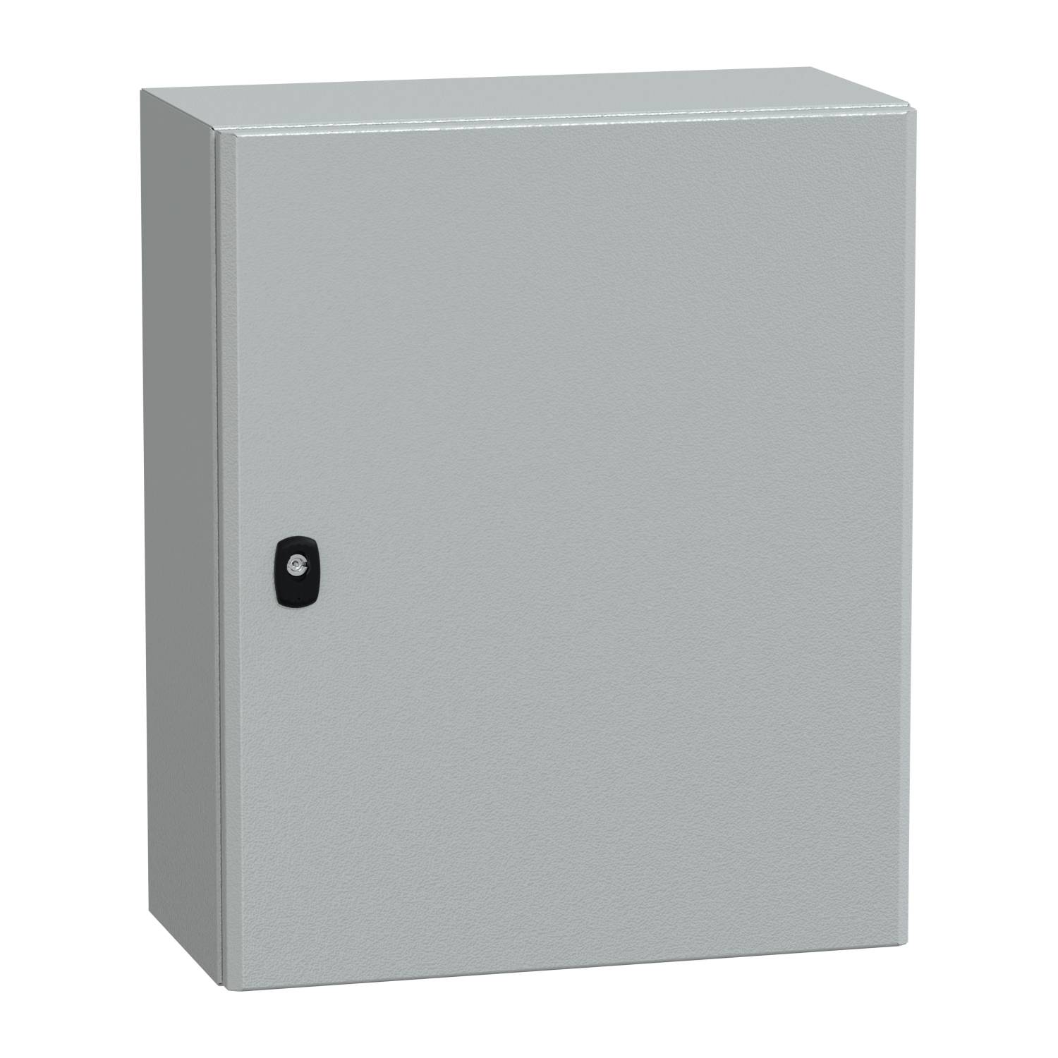 Metallischer Schaltschrank mit glatter Oberfläche und abschließbarer Tür. Wird zur Unterbringung von elektrischen Komponenten verwendet.