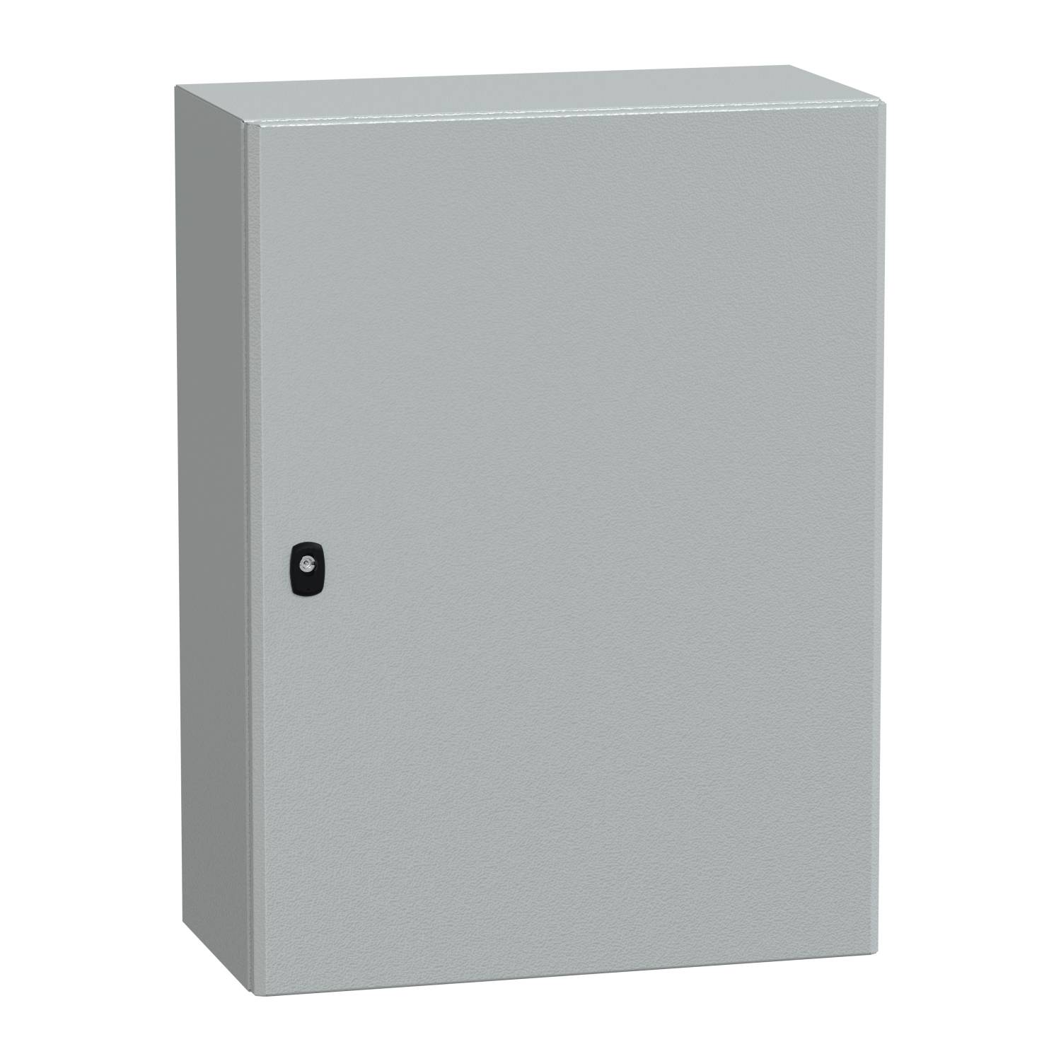 Grauer Metallschrank mit einer Tür und einem schwarzen Griff, seitlich schräg fotografiert, zeigt ein einfaches, funktionales Design.
