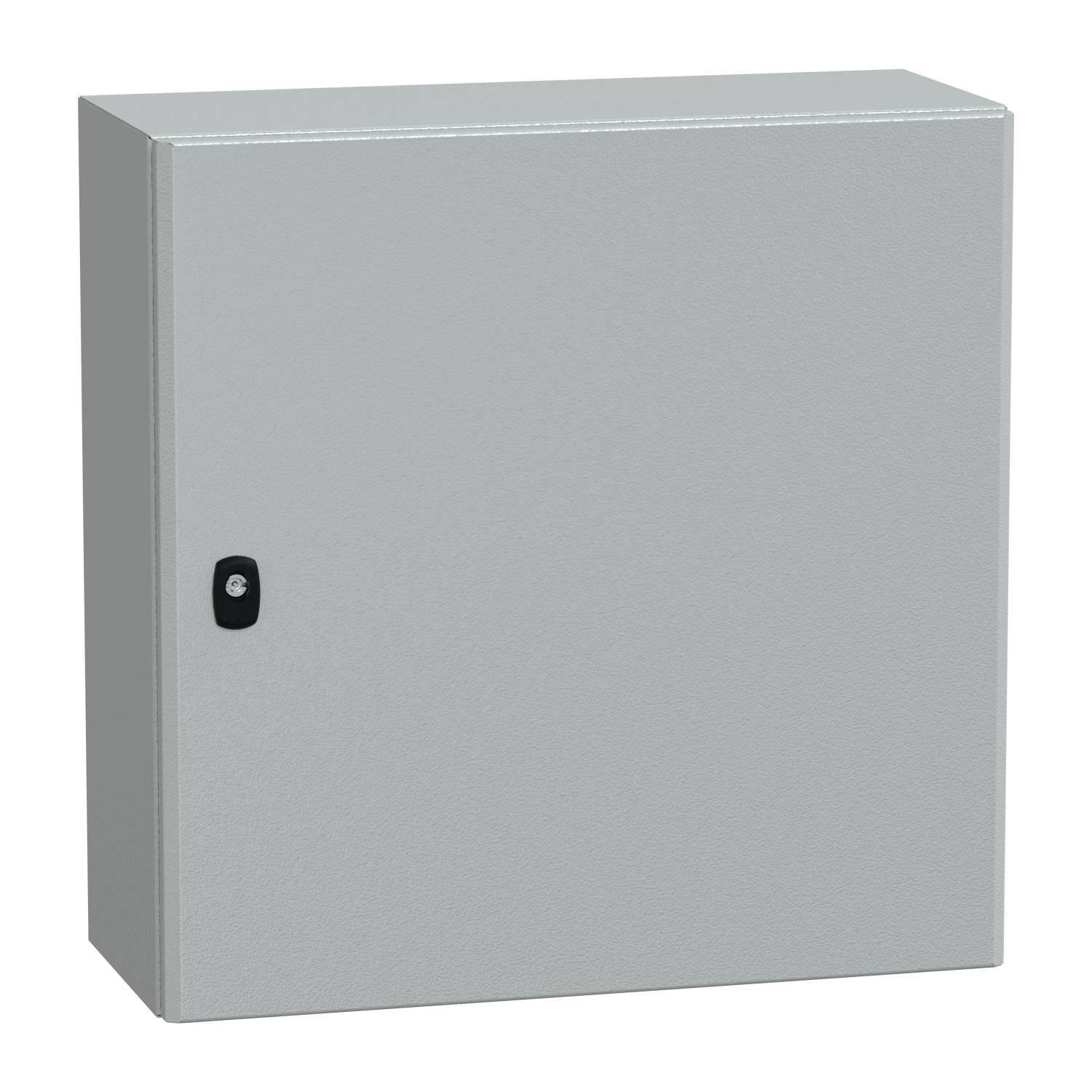 Grau lackierter Stahlschrank mit schwarzem Schloss an der Vorderseite. Der Schrank hat ein schlichtes, rechteckiges Design.