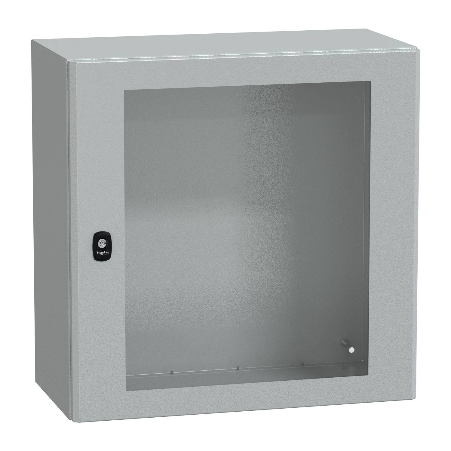 Metallschrank mit Glastür, links Schlüsselschloss, leeres Inneres sichtbar. Geeignet zur Aufbewahrung von Dokumenten oder Geräten.