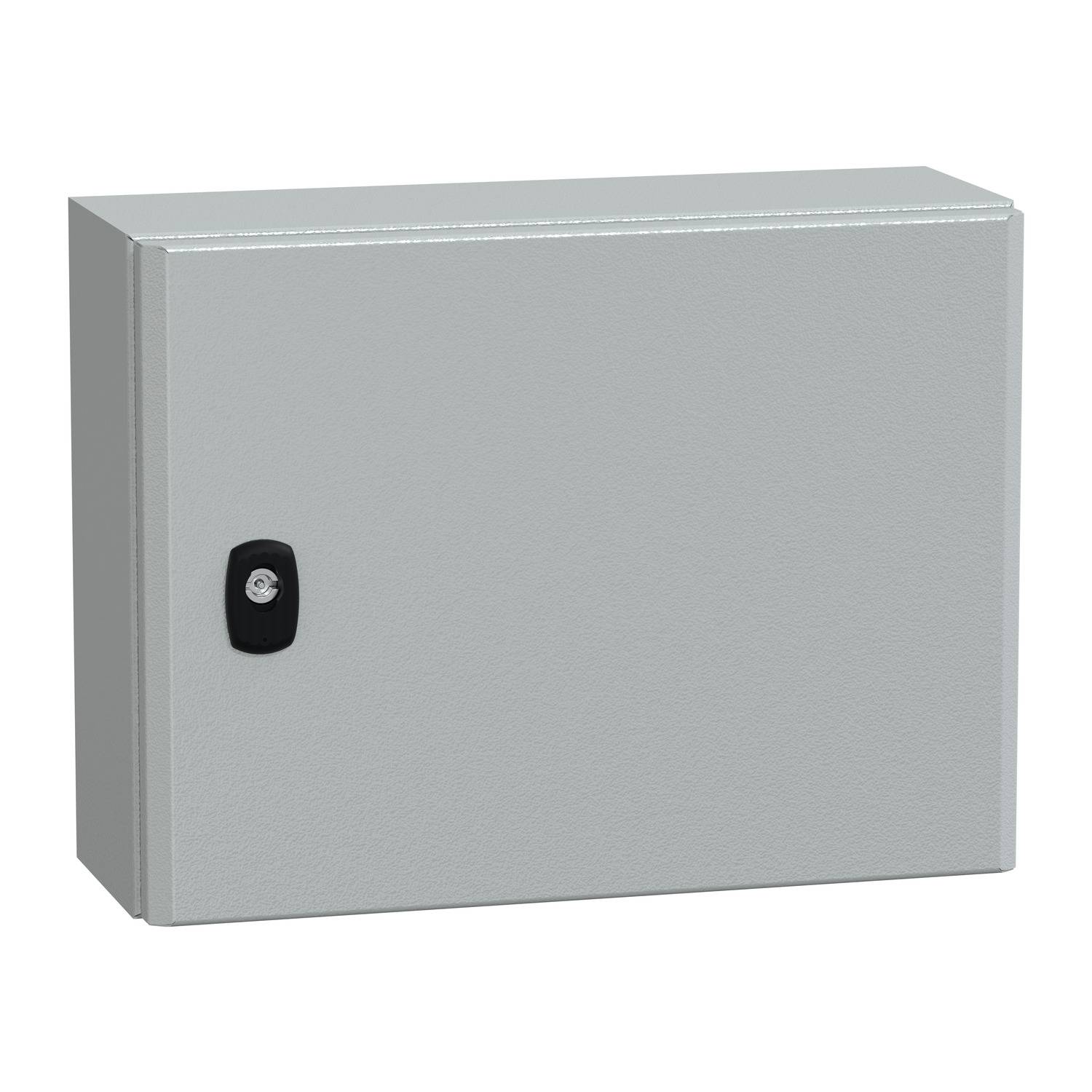 Ein rechteckiger, grauer Metall-Schaltschrank mit einer schwarzen Türverriegelung; für technische oder elektrische Installationen geeignet.
