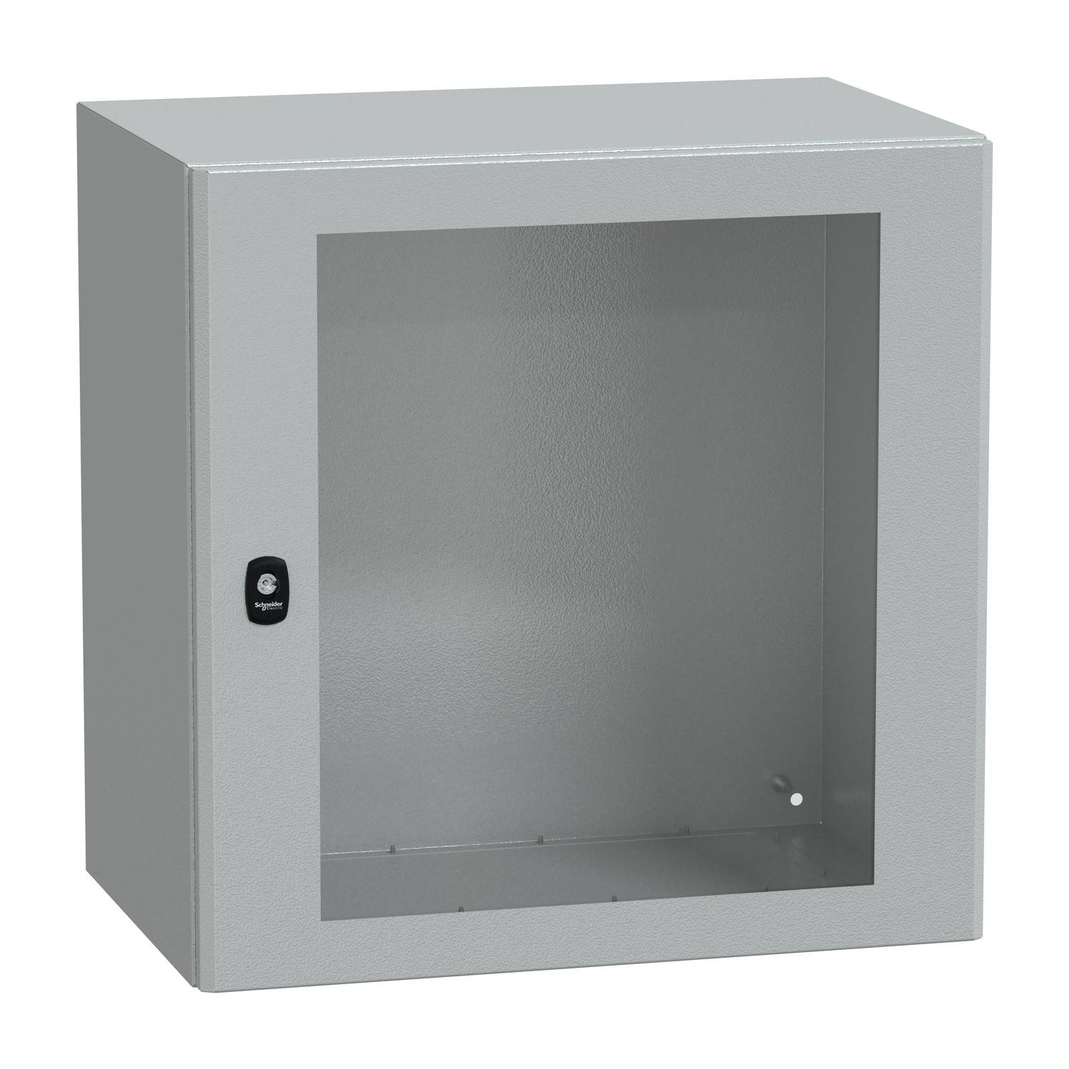 Ein leerer, grauer Metallschrank mit Glastür. Die Tür hat einen Griff und ein Schloss an der linken Seite. Schrank ist rechteckig.