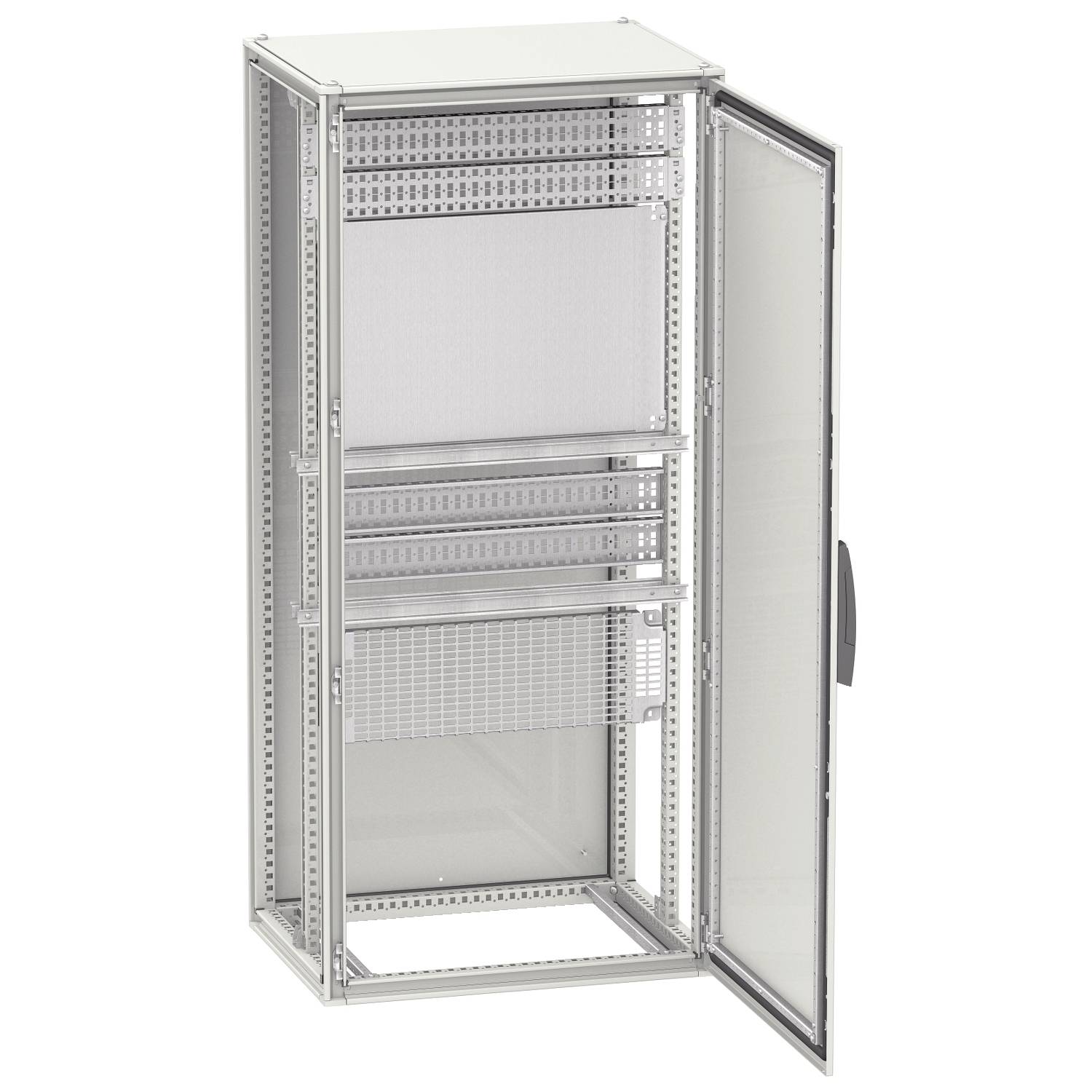 Metallener Schaltschrank mit offener Tür. Sichtbar sind mehrere Regalböden und Befestigungsmöglichkeiten für Elektronikkomponenten.