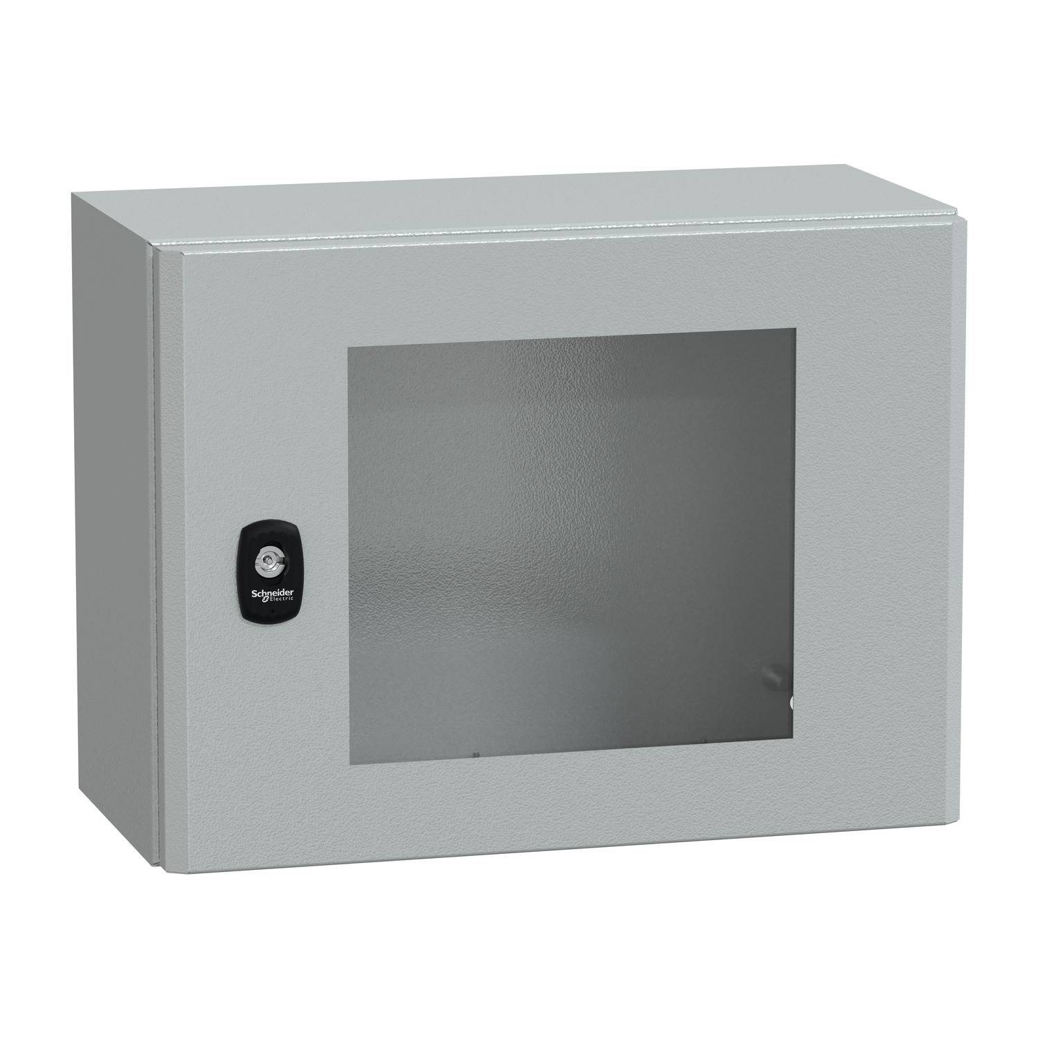 Ein grauer Schaltschrank mit einem Sichtfenster und einem Schloss auf der linken Seite. Geeignet zur sicheren Aufbewahrung von elektrischen Komponenten.