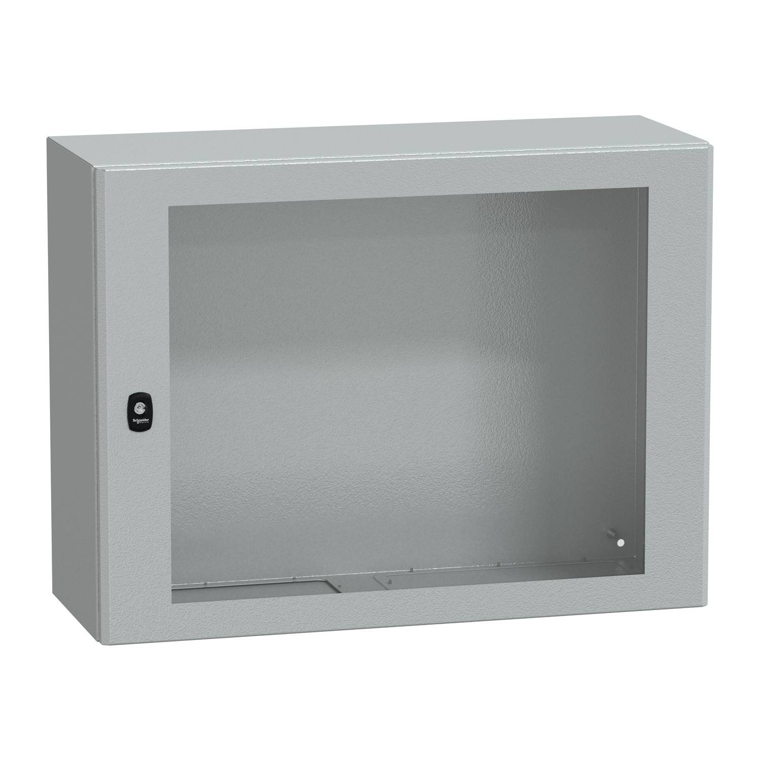 Ein leerer, rechteckiger Wandkasten aus Metall mit einer Glastür ohne Inhalt, verwendet zur Lagerung oder Präsentation.