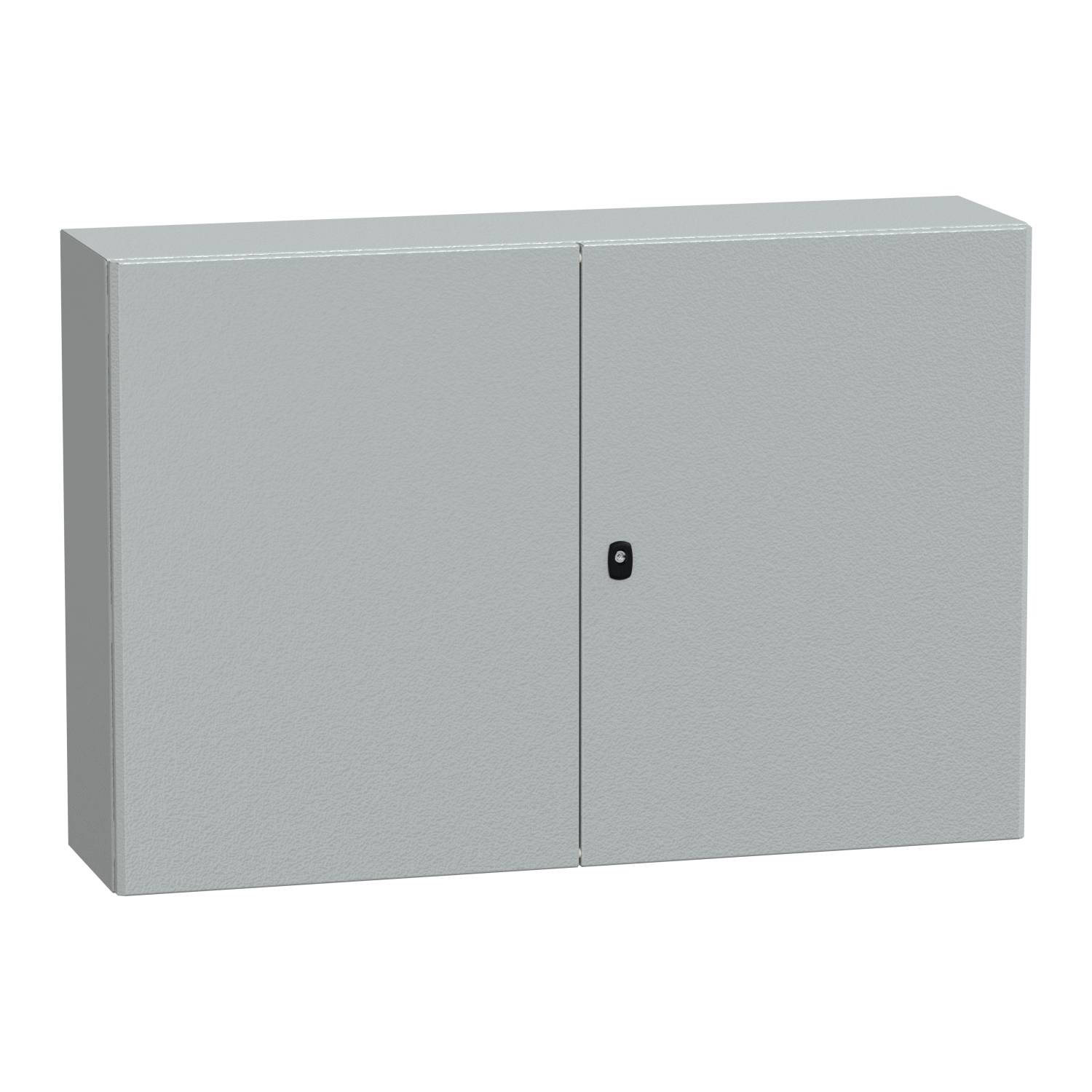 Grauer Metallschrank mit zwei Türen und einem kleinen schwarzen Griff in der Mitte.