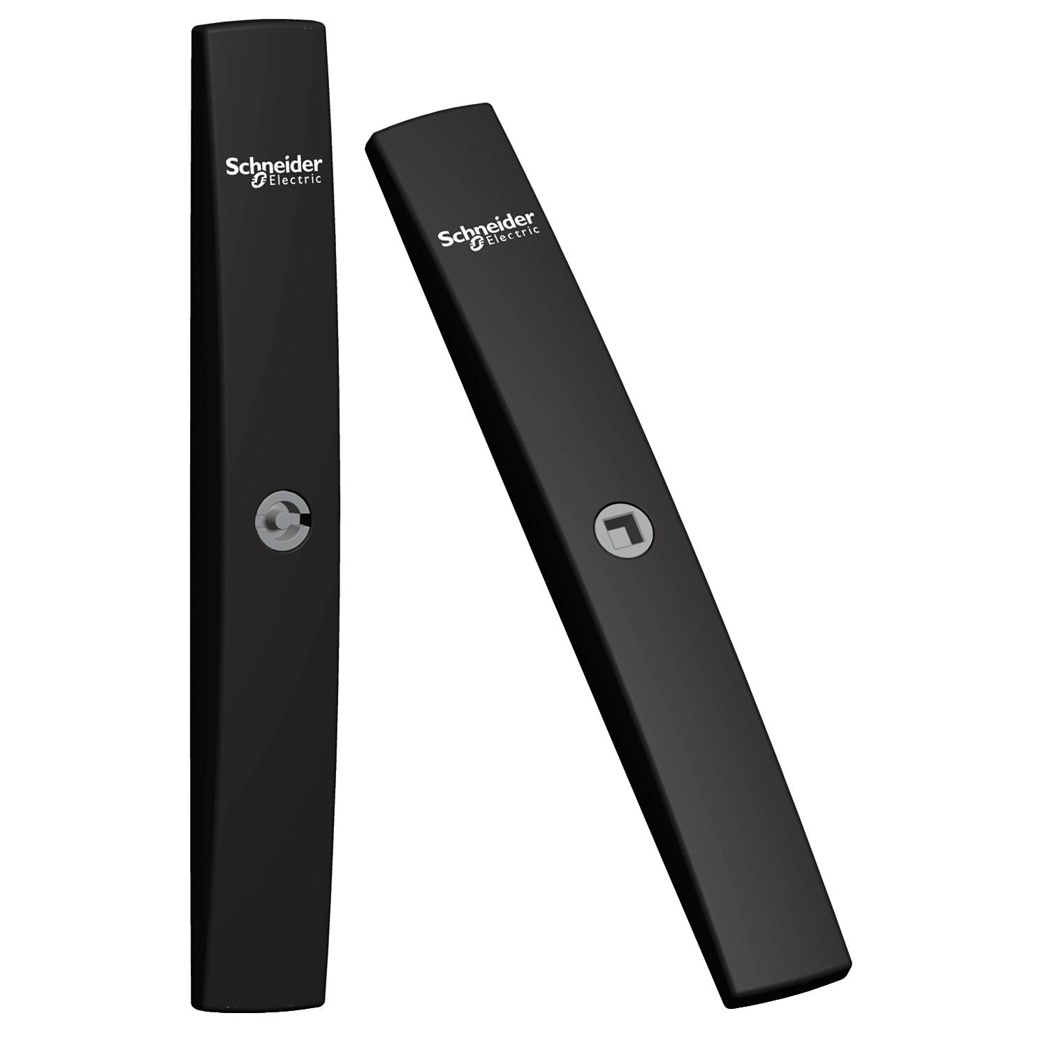 Zwei schwarze Schalter von Schneider Electric, einer mit einem Kreis-, der andere mit einem Quadrat-Symbol.