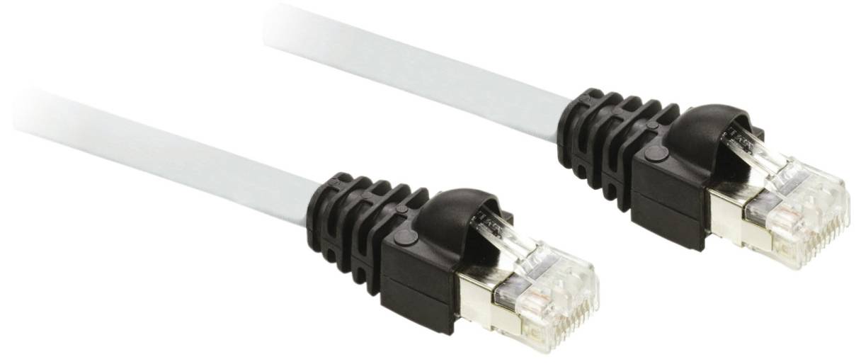 Zwei Netzwerkkabel mit transparenten RJ45-Steckern und schwarzen Schutzkappen, die für Ethernet-Verbindungen verwendet werden.