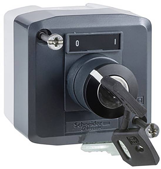 Ein elektrischer Schalter von Schneider Electric mit einem Schlüsselschalter, markiert mit '0' und '1', zur Kontrolle von Stromkreisen.