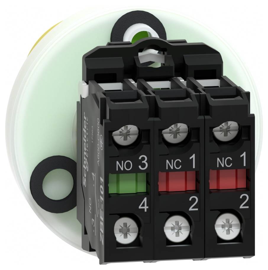 Nahaufnahme eines elektrischen Kontaktblocks mit drei Schraubklemmen mit den Bezeichnungen NO 3, NC 1 und NC 1, montiert auf einer runden Basis.
