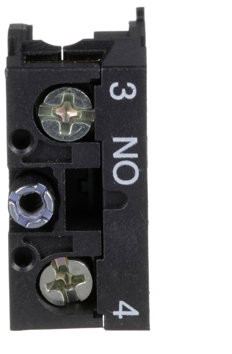 Nahaufnahme eines schwarzen Elektroklemmenblocks mit der Bezeichnung „3 NO 4