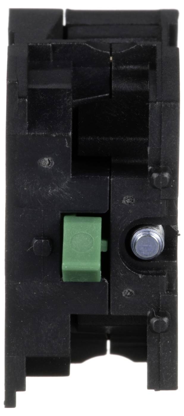 Vorderansicht eines schwarzen Elektroschutzschalters mit einem grünen Schalter und einer silbernen Schraubenklemme.