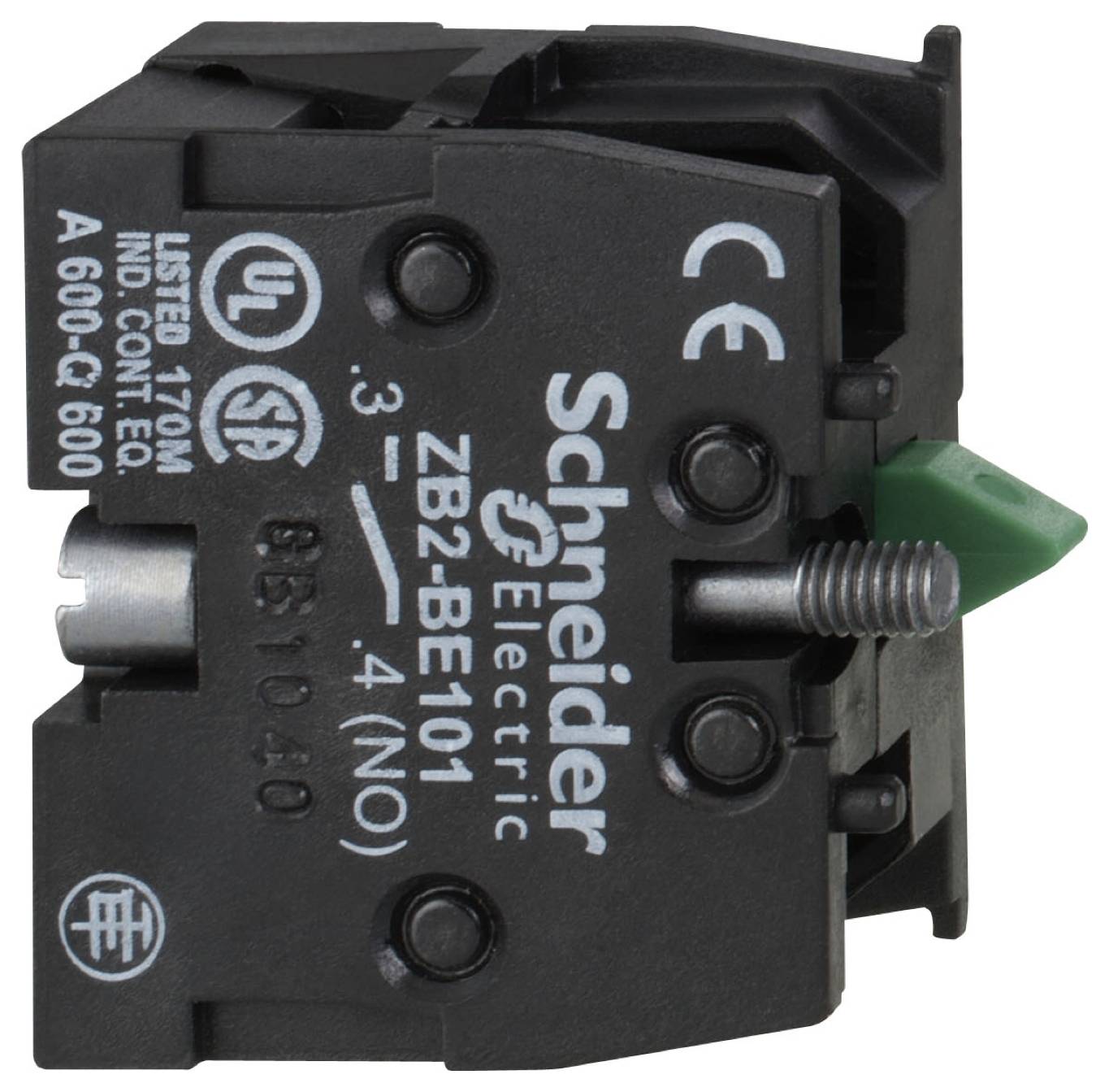 Nahaufnahme eines Schneider Electric Elektrokontaktblocks mit der Bezeichnung ZB2-BE101, mit einem grünen Betätiger und einer Anschlussschraube auf der rechten Seite.
