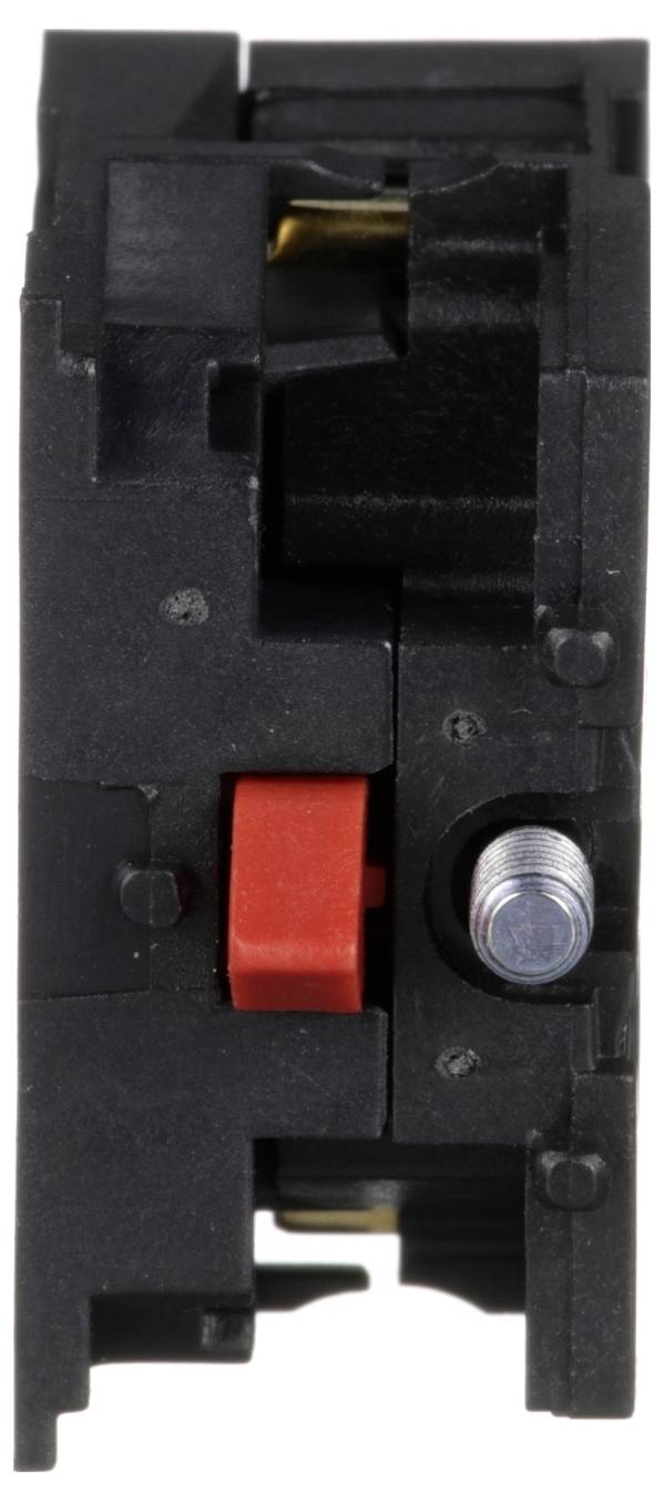 Nahaufnahme eines schwarzen elektrischen Leitungsschutzschalters mit einem roten Kippschalter und einer Metallklemm schraube.