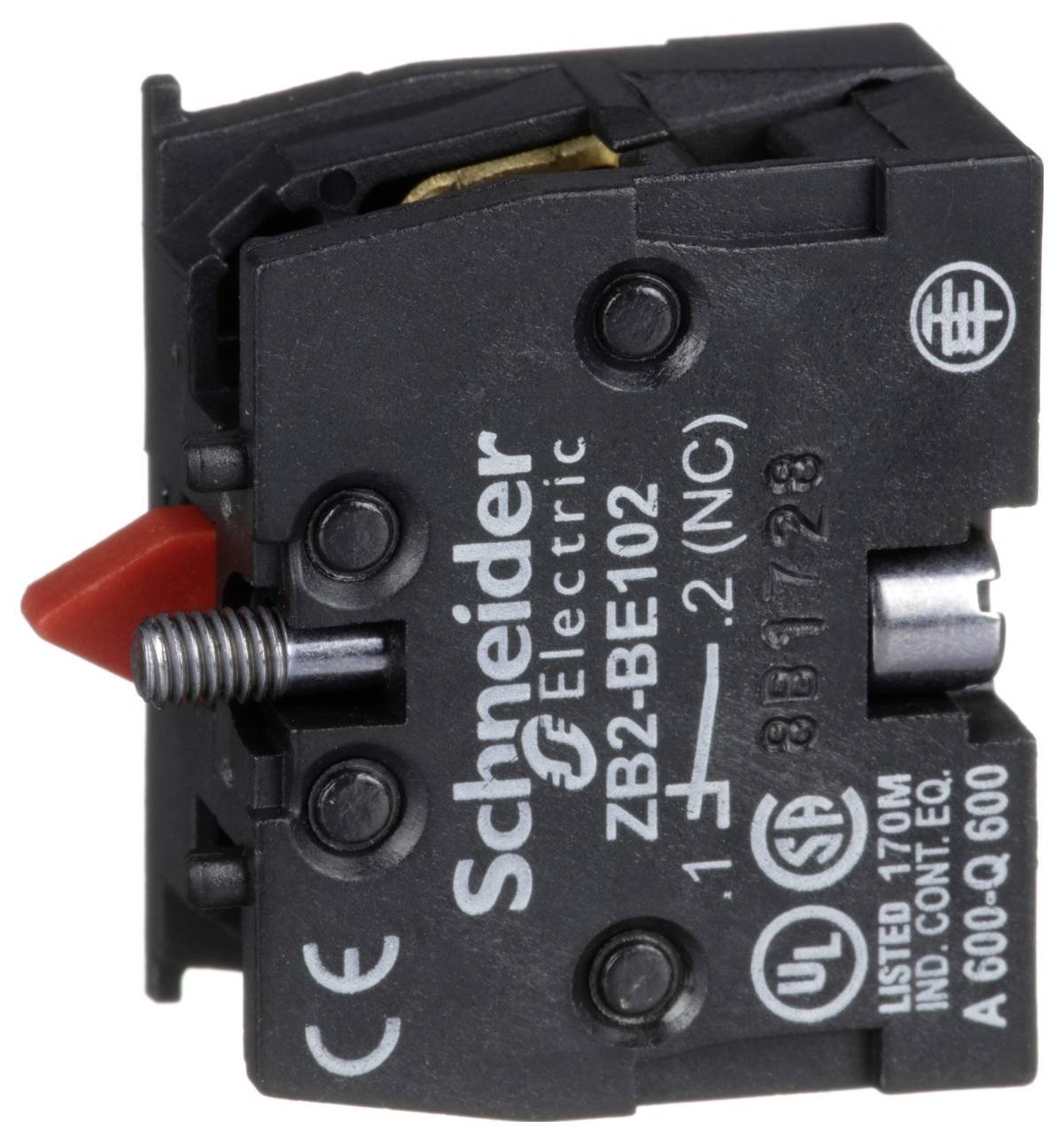 Schneider Electric ZB2-BE102 Elektroschalter-Kontaktblock mit rotem Betätiger und Anschlussmarkierungen.
