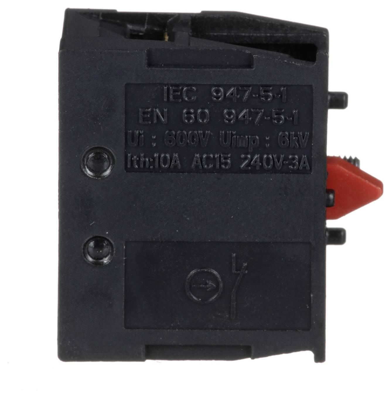 Schwarze Elektroschalter-Komponente mit rotem Betätigungshebel, mit Markierungen für IEC 947-5-1 und 240V/3A-Nennwert.