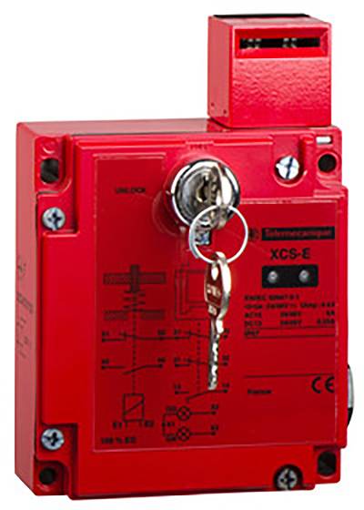 Rotes Sicherheitsschloss mit Schlüssel, modelliert für industrielle Anwendungen. Beschriftungen und technische Details sind sichtbar.
