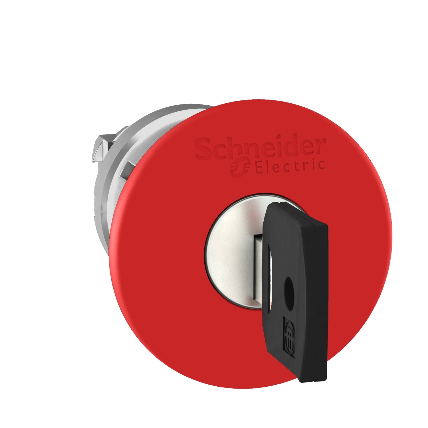 Ein roter Not-Aus-Schalter von Schneider Electric, um Maschinen im Notfall schnell abzuschalten.