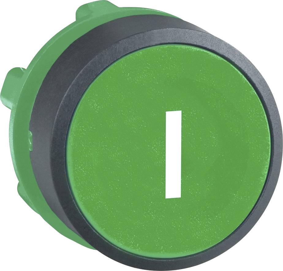 Grüner runder Schalter mit einem weißen 'I'-Symbol in der Mitte, das auf den Einschaltzustand hinweist.