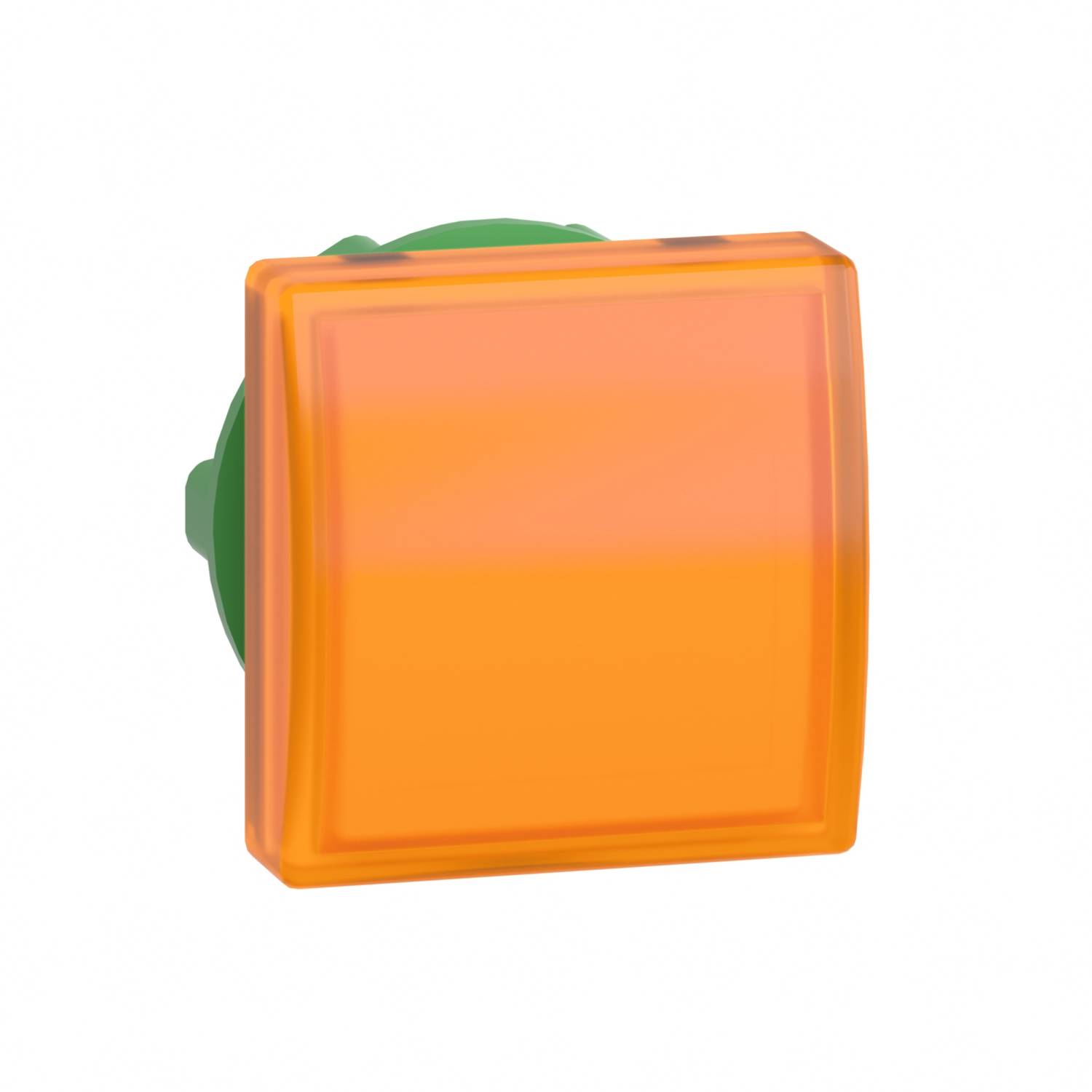 Eine orangefarbene quadratische Taste mit leichtem Glanz. Sie ist in einem grünlichen Gehäuse eingebettet.