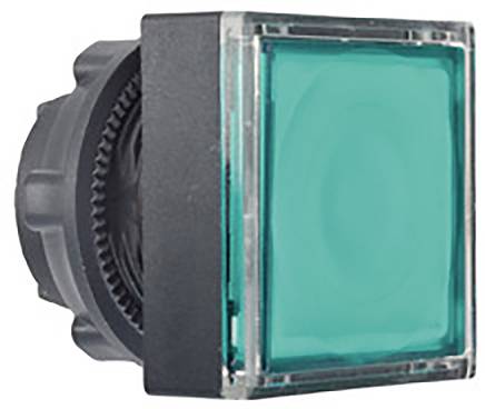 Ein quadratischer, türkisfarbener Druckknopf auf schwarzem Hintergrund, möglicherweise verwendet zur Steuerung oder Bedienung von Geräten.